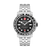 Herrenarmbanduhr mit schwarzem Zifferblatt, silbernem Metallarmband und gerasterter Lünette