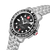 Herrenarmbanduhr mit schwarzem Zifferblatt, silbernem Metallband und roter Kronen-Detail