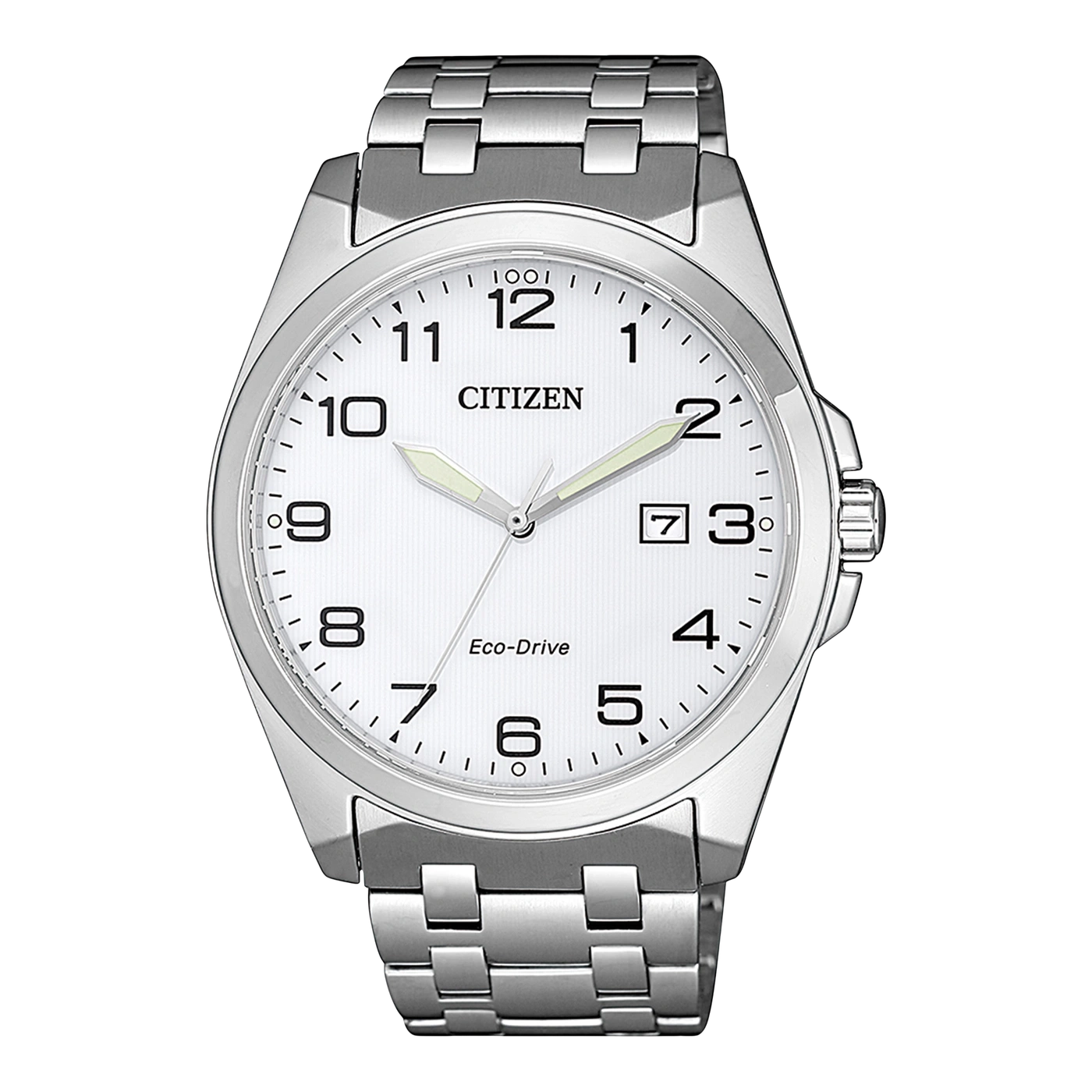 Citizen Eco-Drive Herrenuhr mit silberfarbenem Edelstahlarmband und weißem Zifferblatt