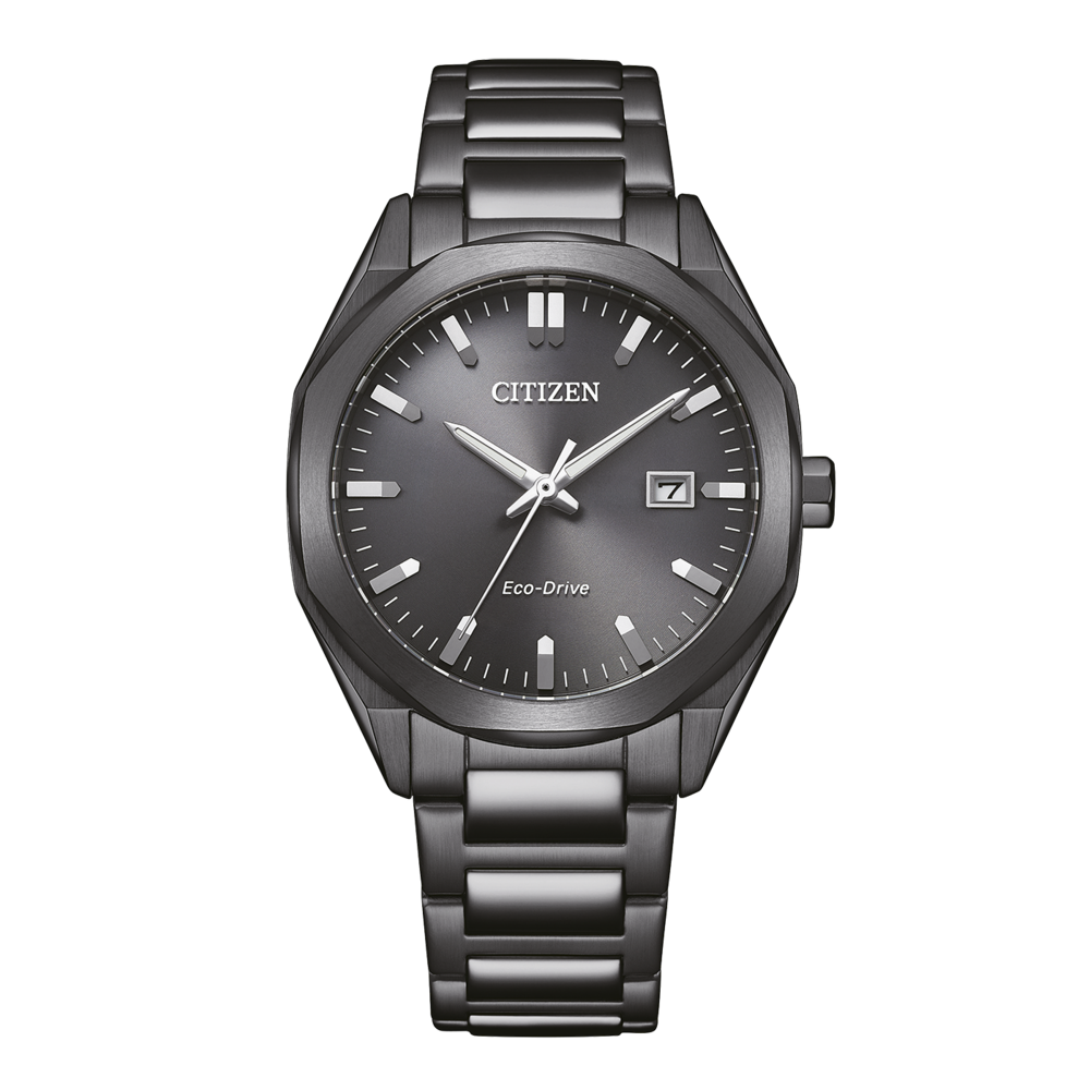 Montre homme avec cadran anthracite, bracelet métallique, aiguilles et date à 7 heures