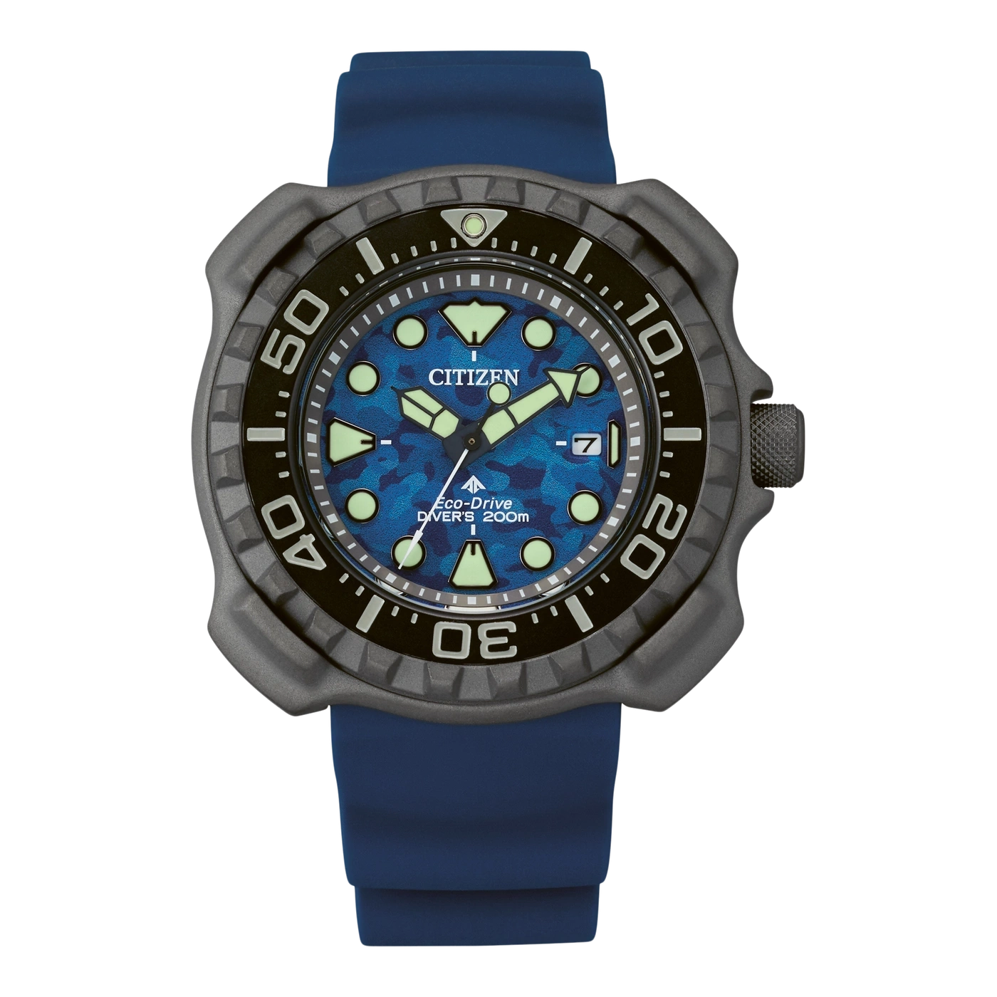 Taucheruhr mit blauem Zifferblatt, schwarzer Lünette und blauem Silikonarmband