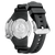 Herrenarmbanduhr Rückseite: Edelstahlboden, schwarzes Armband und verschraubte Elemente