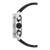 Montre pour homme vue de côté avec couronne moletée, boîtier en acier inoxydable et bracelet noir