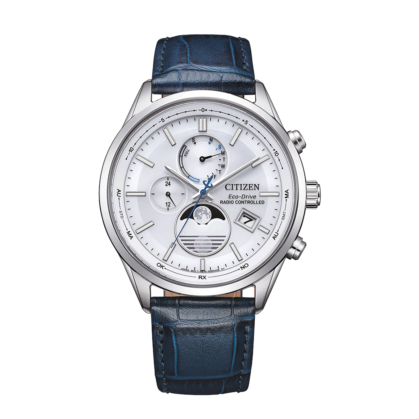 Herrenuhr mit silbernem Gehäuse, weißem Zifferblatt, blauem Lederband und Mondphase