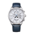 Herrenuhr mit silbernem Gehäuse, weißem Zifferblatt, blauem Lederband und Mondphase