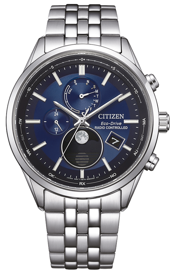 Montre connectée Citizen avec affichage des phases de lune, cadran bleu, bracelet en métal argenté