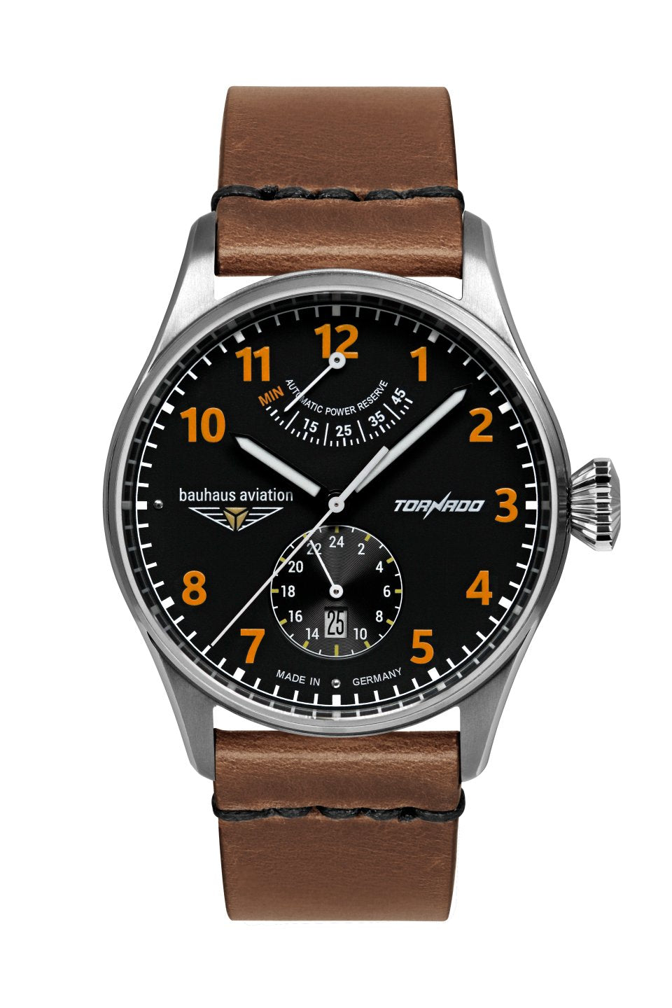 Herrenuhr mit schwarzem Zifferblatt, orangefarbenen Akzenten und braunem Lederarmband