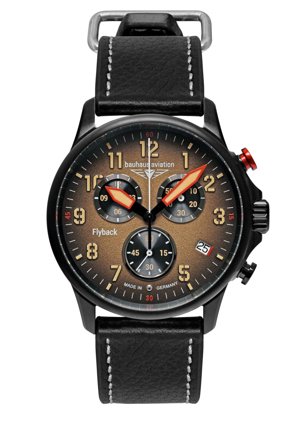Herren-Chronograph mit schwarzem Zifferblatt, Flyback-Display und Lederarmband