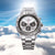 Bracelet de montre pour homme en acier inoxydable argenté, lunette noire et cadran chronographe blanc