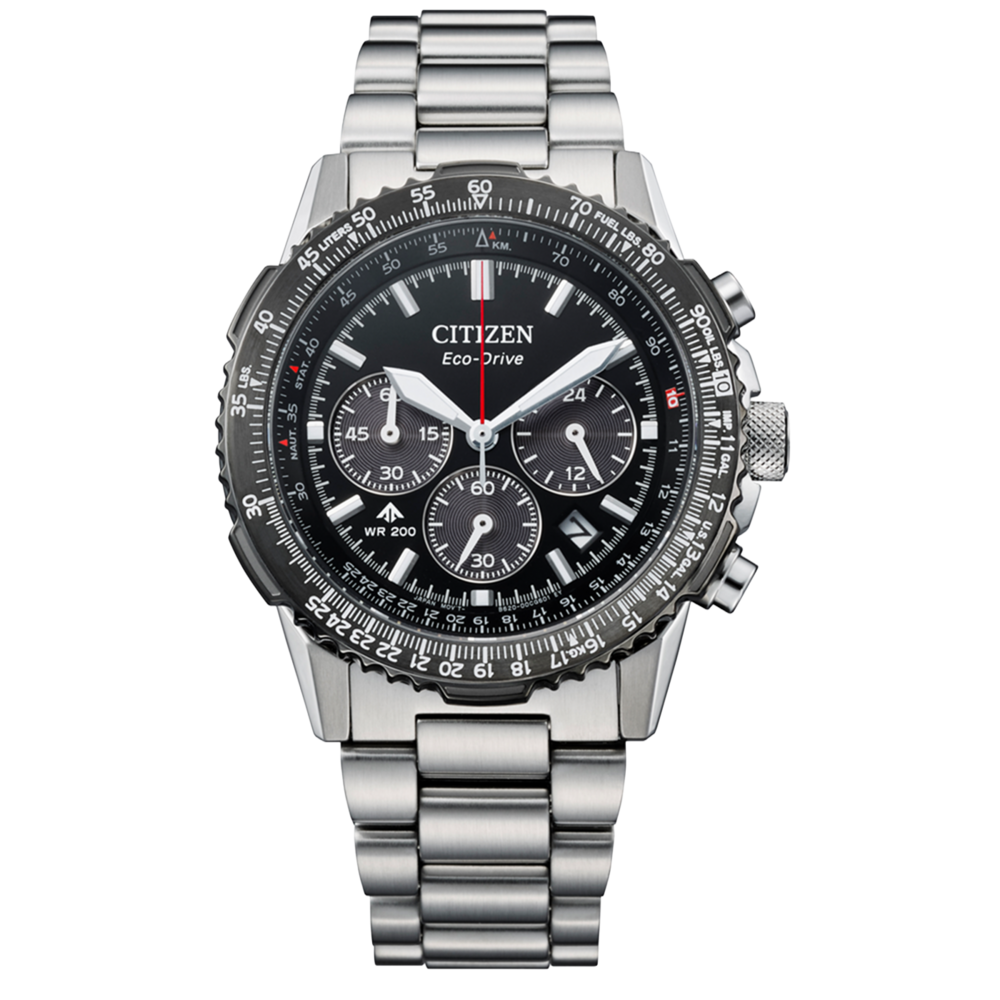 Bracelet de montre pour homme avec bracelet en métal argenté et cadran noir, disposition chrono