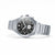 Montre homme avec bracelet en métal argenté et cadran noir, vue de côté