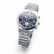 Montre homme avec cadran bleu et bracelet en métal argenté, couronne latérale.