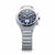 Vue de face de la montre pour homme avec cadran bleu, sous-cadrans chronographes et bracelet en titane.