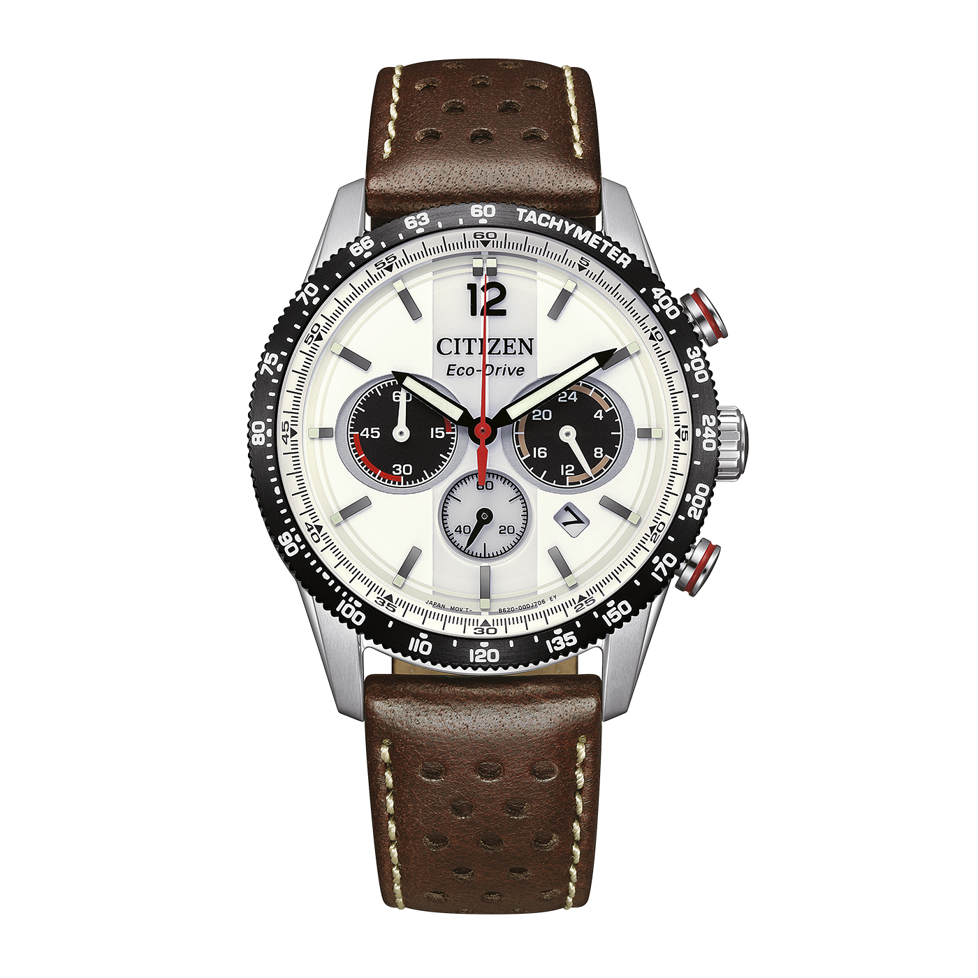 Montre chronographe avec cadran blanc et bracelet en cuir marron foncé.
