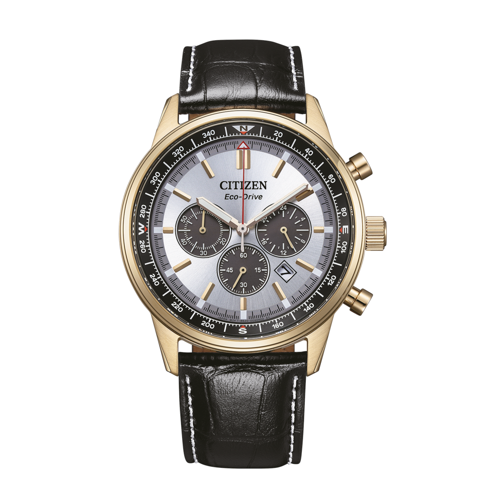 Herrenuhr mit schwarzem Lederband und goldfarbenem Chronographengehäuse, weißem Zifferblatt