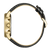Herrenuhr mit goldfarbenem Gehäuse und schwarzem Lederarmband, Seitenansicht