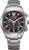 Montre homme : bracelet en métal argenté, cadran noir avec chronographes