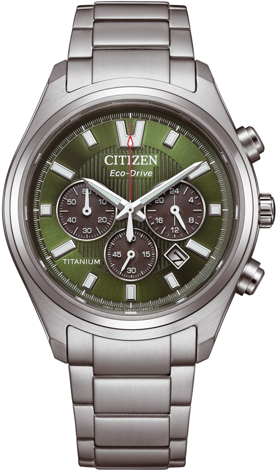 Montre homme avec cadran vert, sous-cadrans chronographes et bracelet en titane