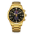 Goldfarbene Herrenuhr mit Chronograph, schwarzem Zifferblatt und Armband aus Metall