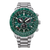 Herrenarmbanduhr mit grünem Zifferblatt, silbernem Edelstahlarmband und analogen Anzeigen.