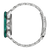 Herrenarmbanduhr in Seitenansicht mit Krone, türkisfarbener Lünette und silbernem Edelstahlband.