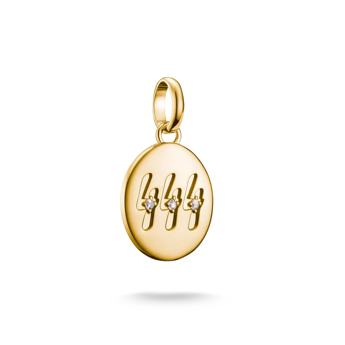 Pendentif rond plaqué or avec chiffre angélique 444 et trois pierres blanches