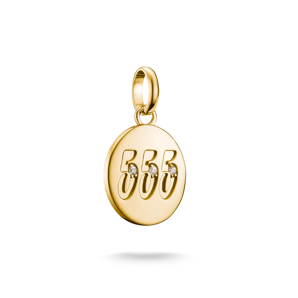 Pendentif Charm plaqué or avec disque rond, chiffre angélique 555 et pierres blanches