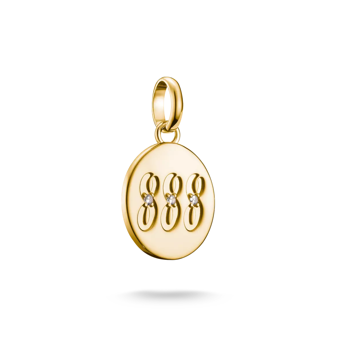 Pendentif doré avec chiffre ovale 888 et trois pierres précieuses blanches