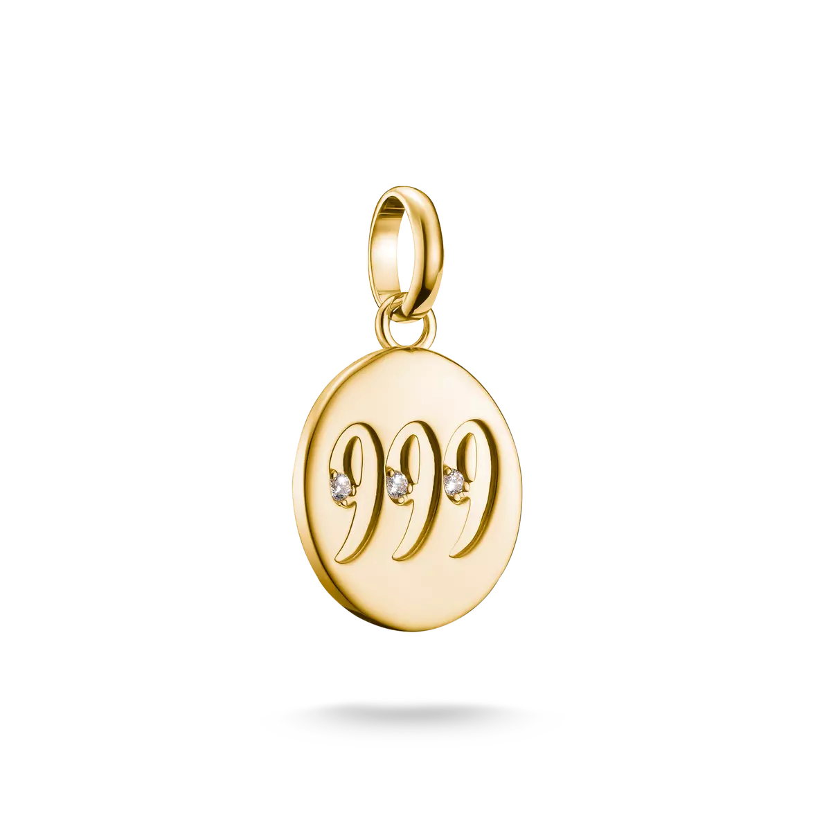 Pendentif rond plaqué or avec chiffres angéliques 999 et pierres précieuses blanches
