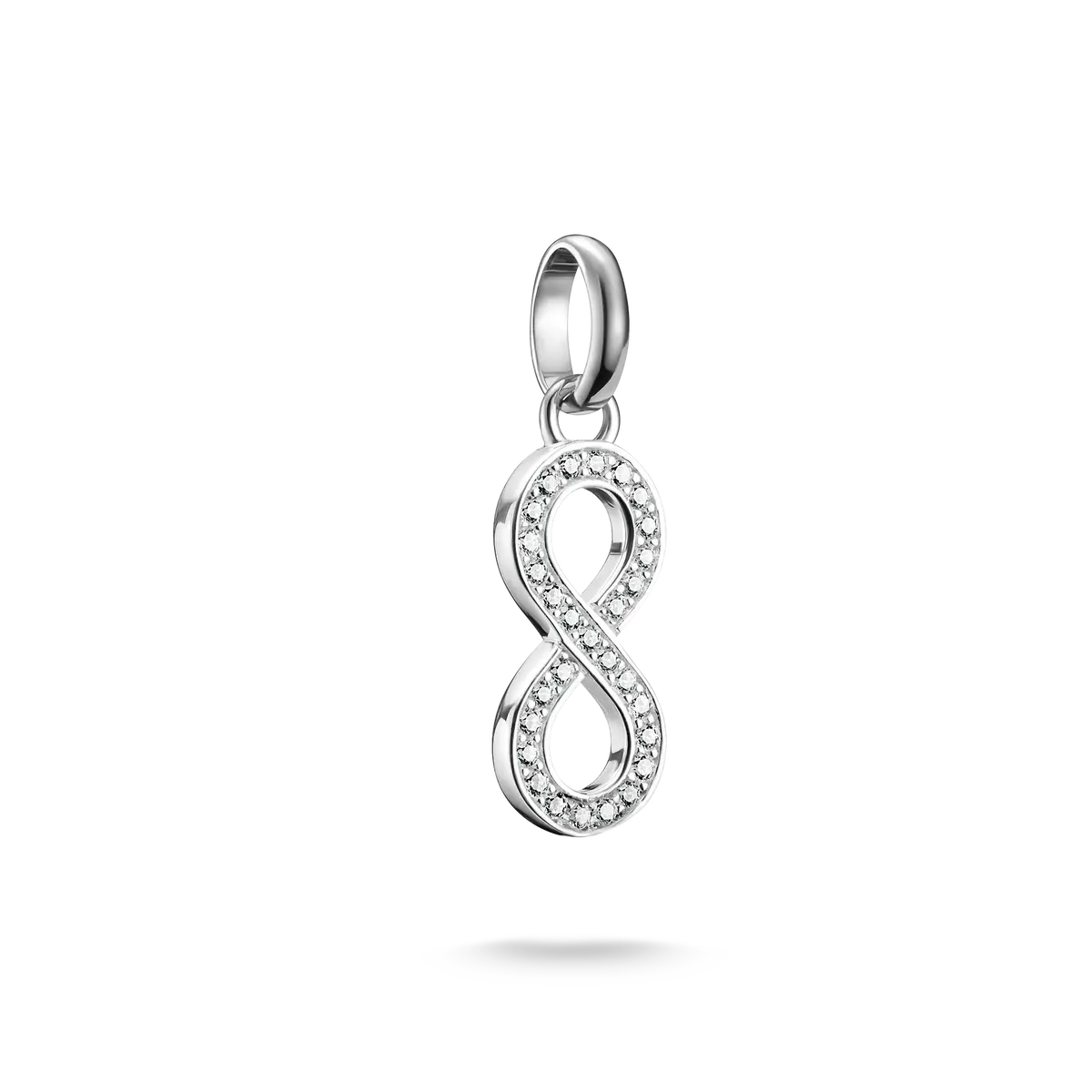 Pendentif breloque en argent avec symbole infini, entièrement pavé de pierres blanches.