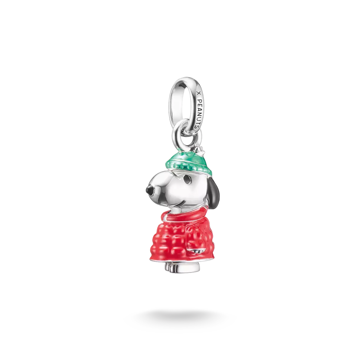 Charm Snoopy veste d'hiver en argent sterling avec manteau rouge et col vert, émail