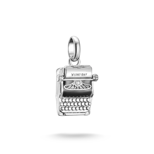 Pendentif Charm Thomas Sabo argenté avec machine à écrire et zirconiums, 'WEDNESDAY'.