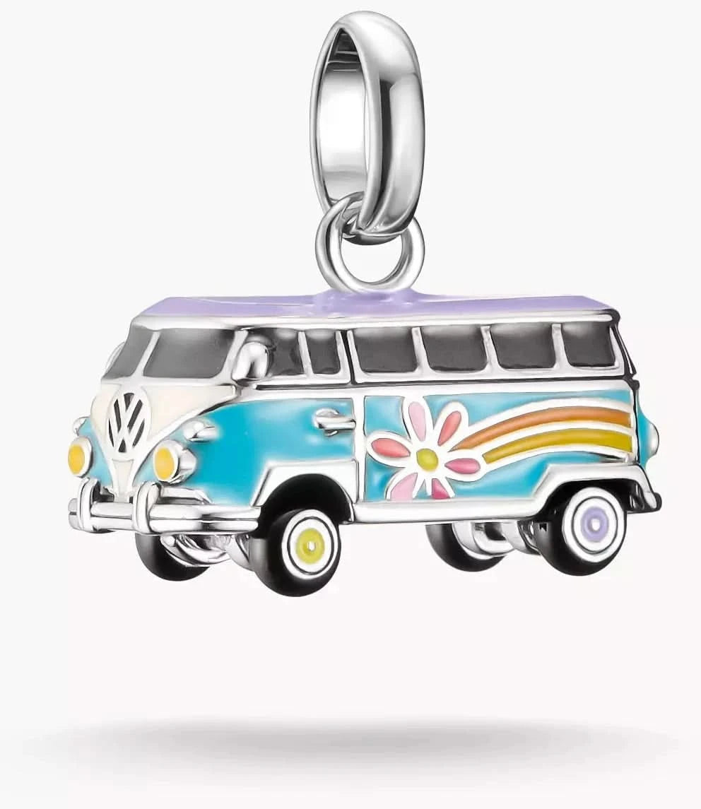 Pendentif breloque argenté en forme de bus hippie avec passant