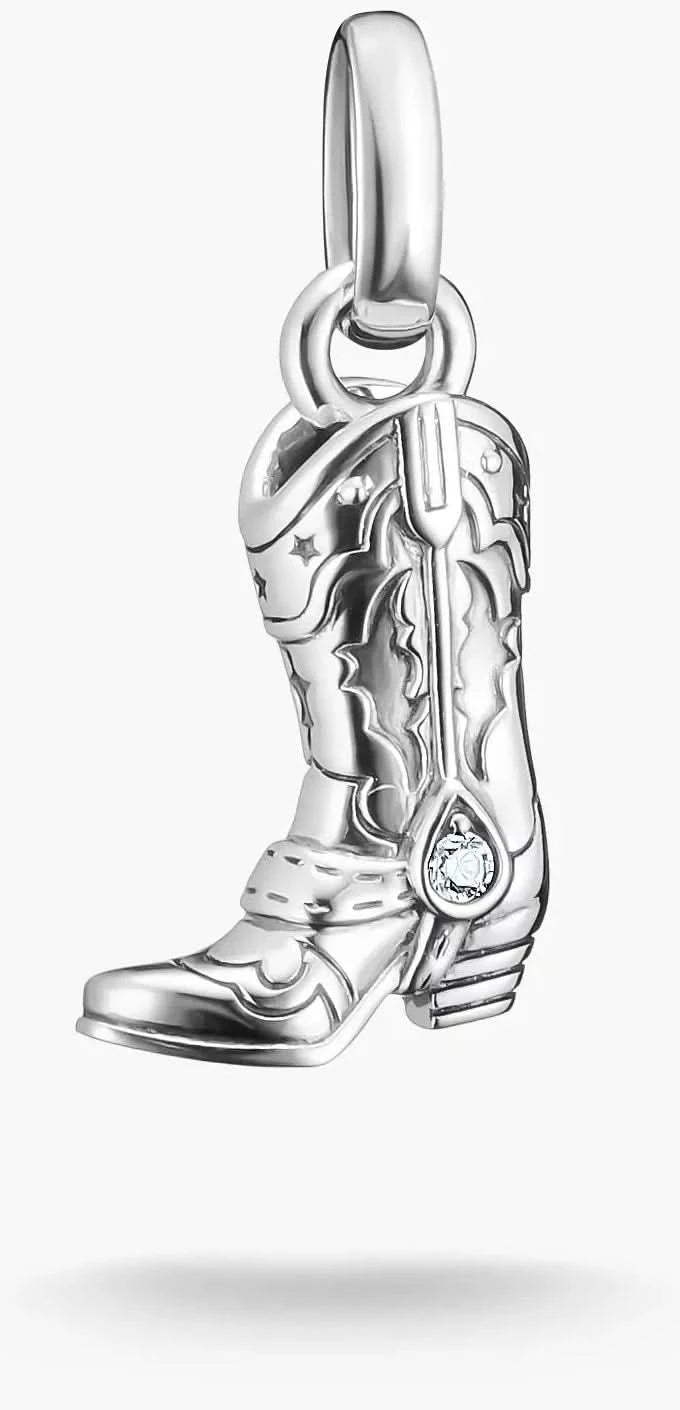 Charm breloque argenté pour botte de cowboy avec passant et pierre scintillante