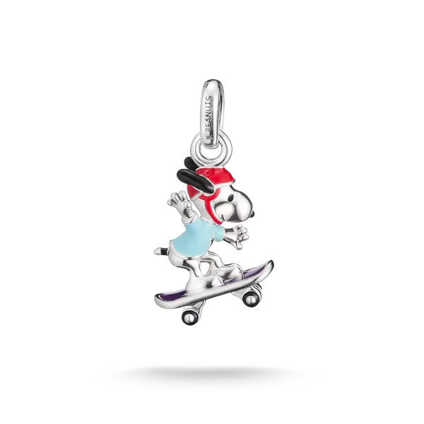 Pendentif en argent sterling 925 avec Snoopy sur skateboard, émaillé rouge/bleu