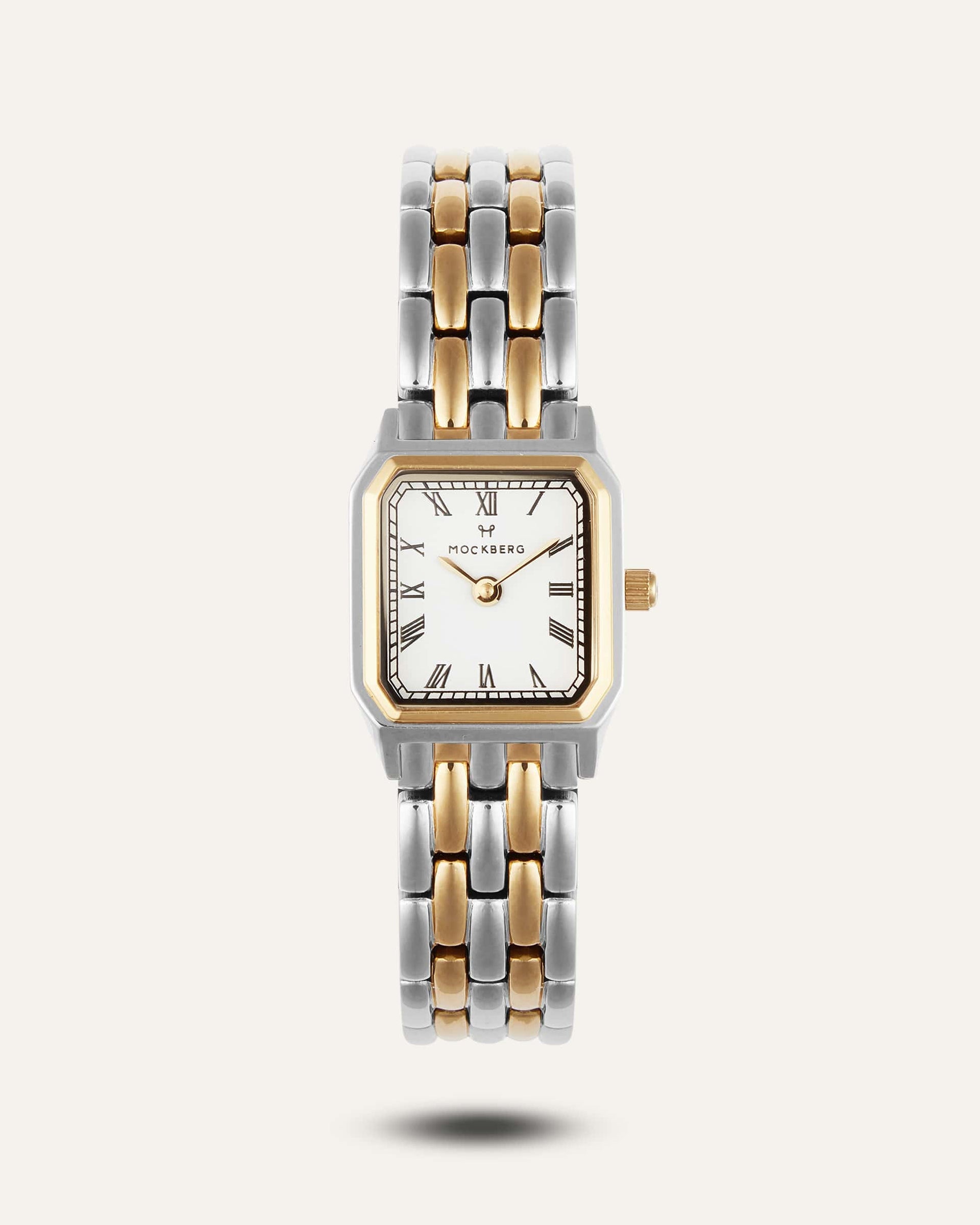 Damenarmbanduhr mit weißem Zifferblatt, goldfarbenem Rand und zweifarbigem Gliederarmband