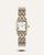 Damenarmbanduhr mit weißem Zifferblatt, goldfarbenem Rand und zweifarbigem Gliederarmband