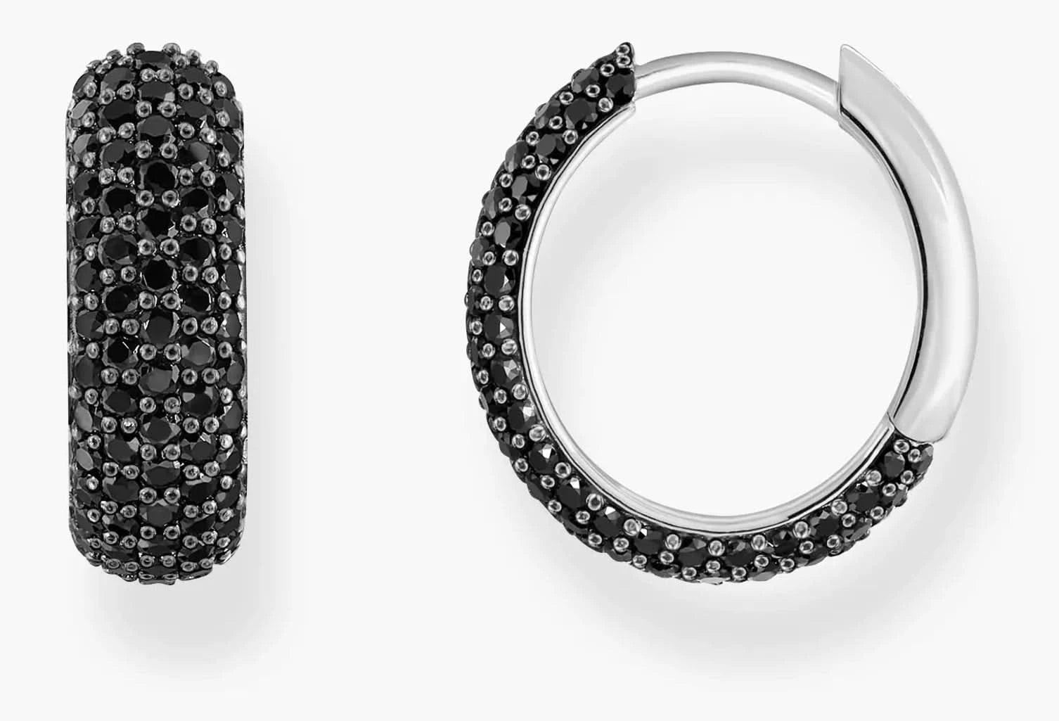 Créoles en argent noirci avec pavage de zirconias noirs, anneau rond