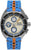 Bracelet : bracelet en cuir bleu, boîtier argenté, cadran chronographe