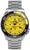 Montre homme avec bracelet en métal argenté et cadran jaune, lunette de plongée