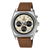 Herren-Chronograph mit beigem Zifferblatt, braunem Lederarmband und runder Stahl-Lünette