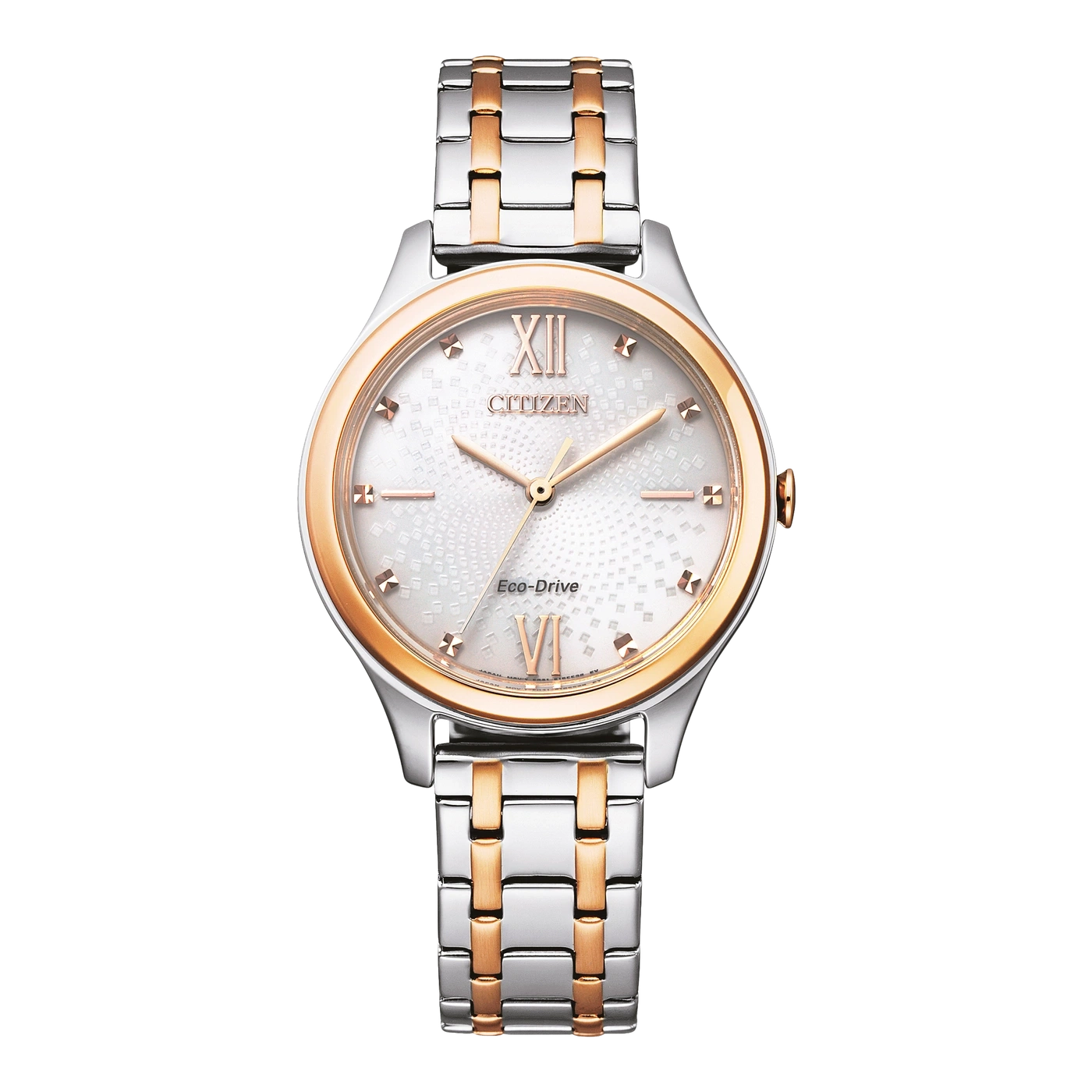 Bicolor-Damenuhr Citizen Eco Drive mit weißem Zifferblatt, römischen Indizes und Metallarmband