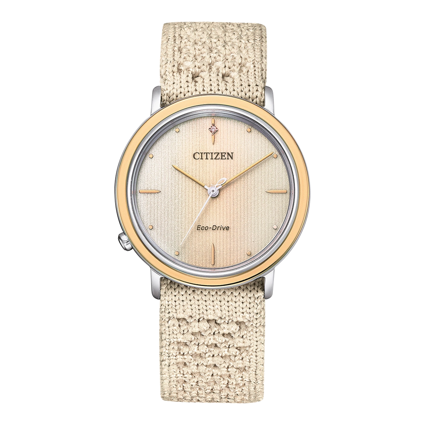 Damenarmbanduhr mit beigem Textilarmband, beigem Zifferblatt und Roségold-Lünette