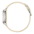 Damenarmbanduhr Seitenansicht mit beigem Textilarmband und silbernem Gehäuse