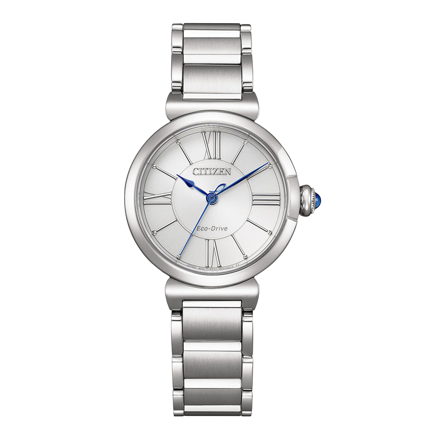 Citizen Damenuhr: silberfarbenes Armband, rundes Zifferblatt mit römischen Zahlen und Eco-Drive