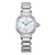 Citizen Damenuhr mit hellgrauem Zifferblatt und pastellfarbenen Linien, silberfarbenes Armband