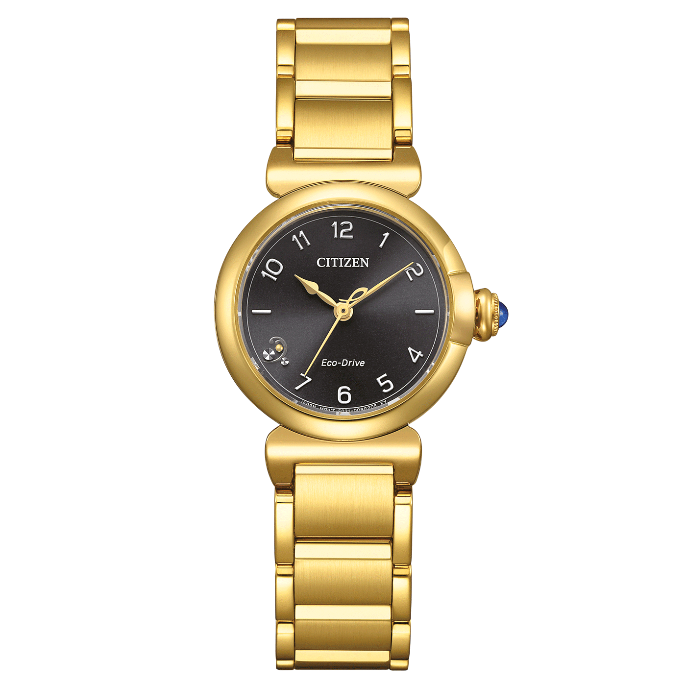Citizen Damenuhr mit goldfarbenem Band, schwarzem Zifferblatt und Eco-Drive