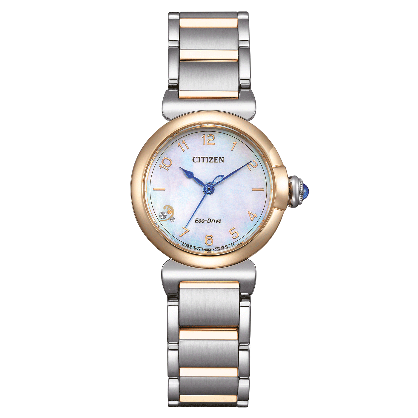 Bicolor-Damenuhr von Citizen mit hellem Zifferblatt, blauem Zeiger und Stahlarmband.