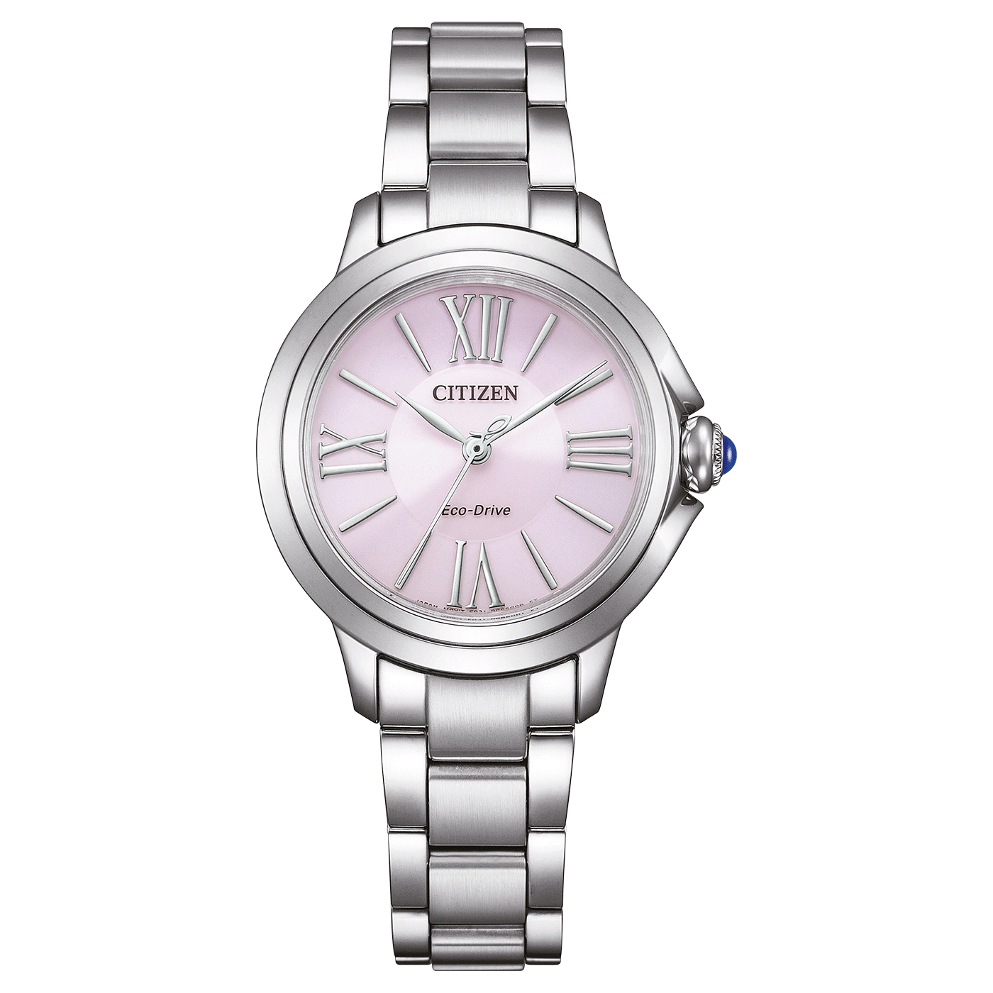 Citizen Damenuhr mit silbernem Metallarmband und rosafarbenem Zifferblatt, römische Ziffern