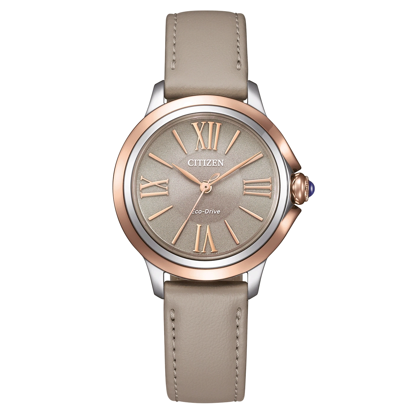 Damenuhr mit grauem Lederarmband, roségoldfarbenem Gehäuse und grauem Zifferblatt mit römischen Zahlen